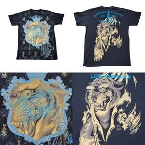 Christian Audigier T Shirt Mens Large Black Tiger Jeweled‎ Y2K 90s Double Sided